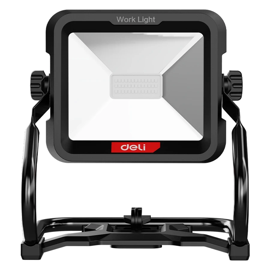 Deli Cordless LED Work Light 20V 3000 Lumens Dual-Power (Plug-in/Battery) with 360° Swivel Head & Heavy-Duty Frame (Red) | EDE830Z