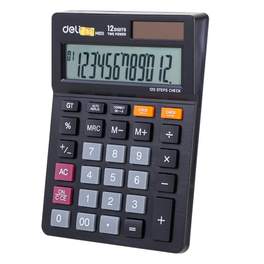 Deli 12-Digit Commercial Desktop Calculator | Accurate 120 Steps Check & Correct with Solar and Battery Dual Power (Black) | EM01320