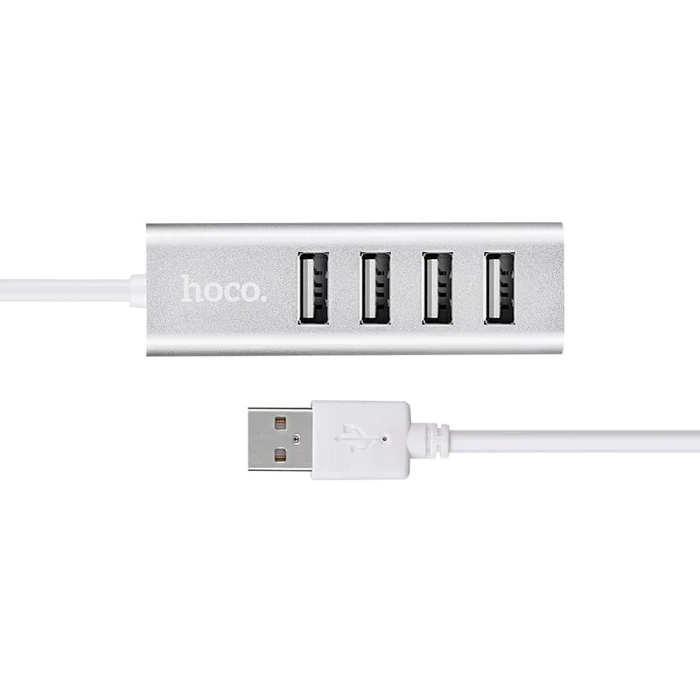 Hoco 4-Way USB 2.0 Hub | 480Mbps Data Expansion Matrix | 80cm Long Cable & Triple Circuit Protection | Silver | HB1