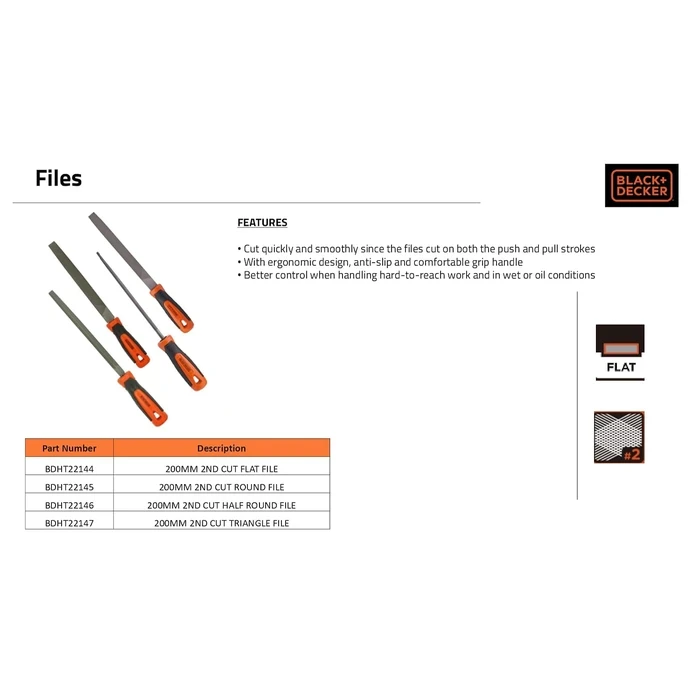 BLACK+DECKER 200mm (8") High-Carbon Steel Half-Round File | Dual Flat & Curved Profile Ergonomic Deburring Tool | BDHT22146
