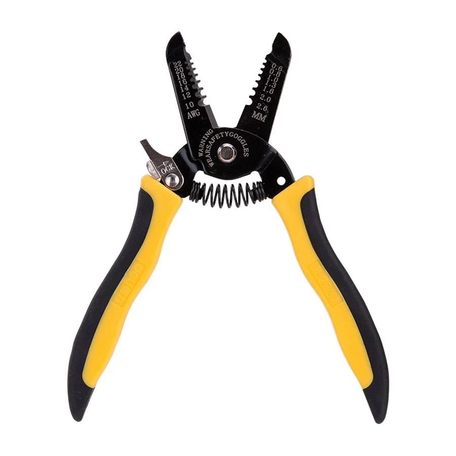 Deli Wire Stripper 0.6 mm to 2.6 mm Range High Carbon Steel with Heat-Treated Jaws & Dual-Color PVC Coated Handle (Yellow) | EDL2607