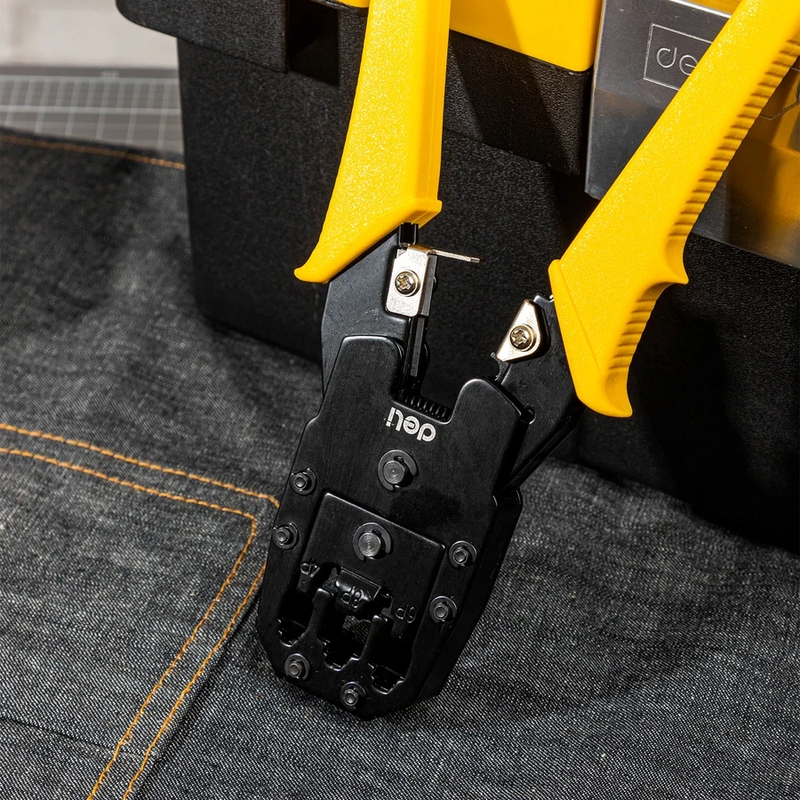 Deli Professional Ethernet Crimper 4/6/8P Multi-Function Tool for Cutting, Stripping & Crimping RJ45/RJ11 Connectors with Cold-Rolled Steel & PVC Grip (Yellow) | EDL2468
