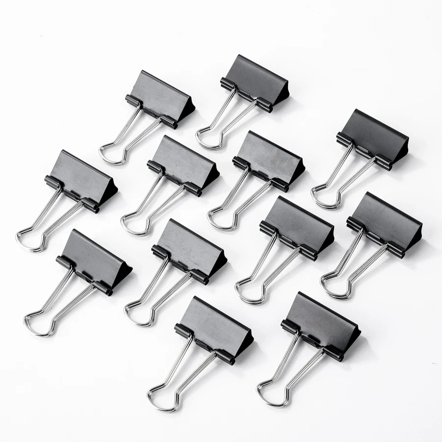Deli 32mm (1 1/4") Modern Spring Steel Binder Clips (12-Piece Pack) | Heavy-Duty Fully Coated Metal Paper Clamps with Foldable Handles (Black) | E38563
