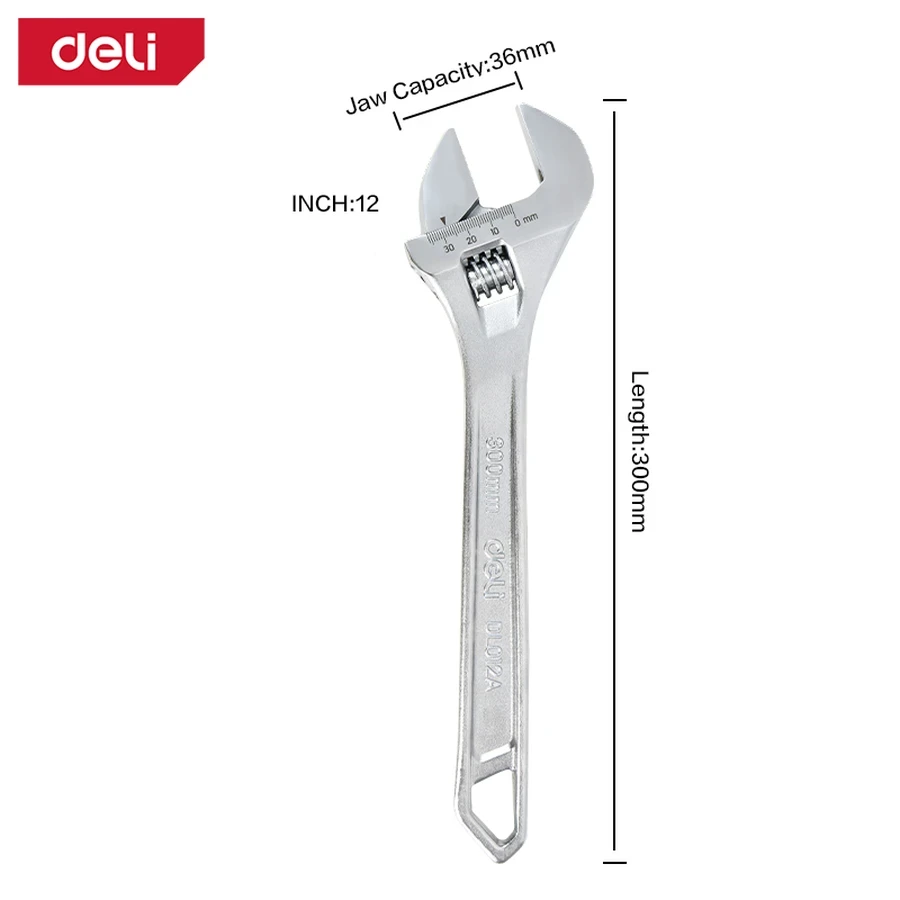 Deli 12" Professional Forged Carbon Steel Adjustable Spanner | Heavy-Duty Chrome-Plated Wrench with Precision Knurl & Laser-Etched Scale | EDL012A (Silver)