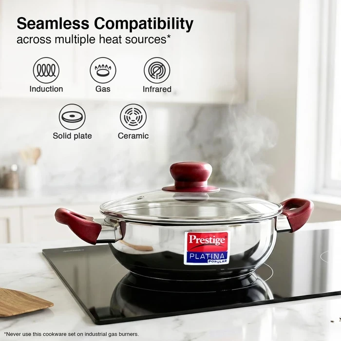 Prestige Platina Popular Stainless Steel Induction Base Kadai with Tempered Glass Lid (26 CM / 3.8L & 28 CM / 4.6L) | Gas & Induction Compatible - Model 36887 / 36888