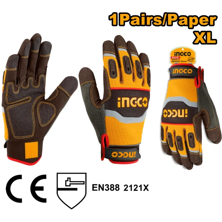 INGCO Professional Mechanic Work Gloves | Extra-Large High-Abrasion Safety Series Gloves with PVC Reinforced Palm & Rubber Knock Guards | HGMG02-XL