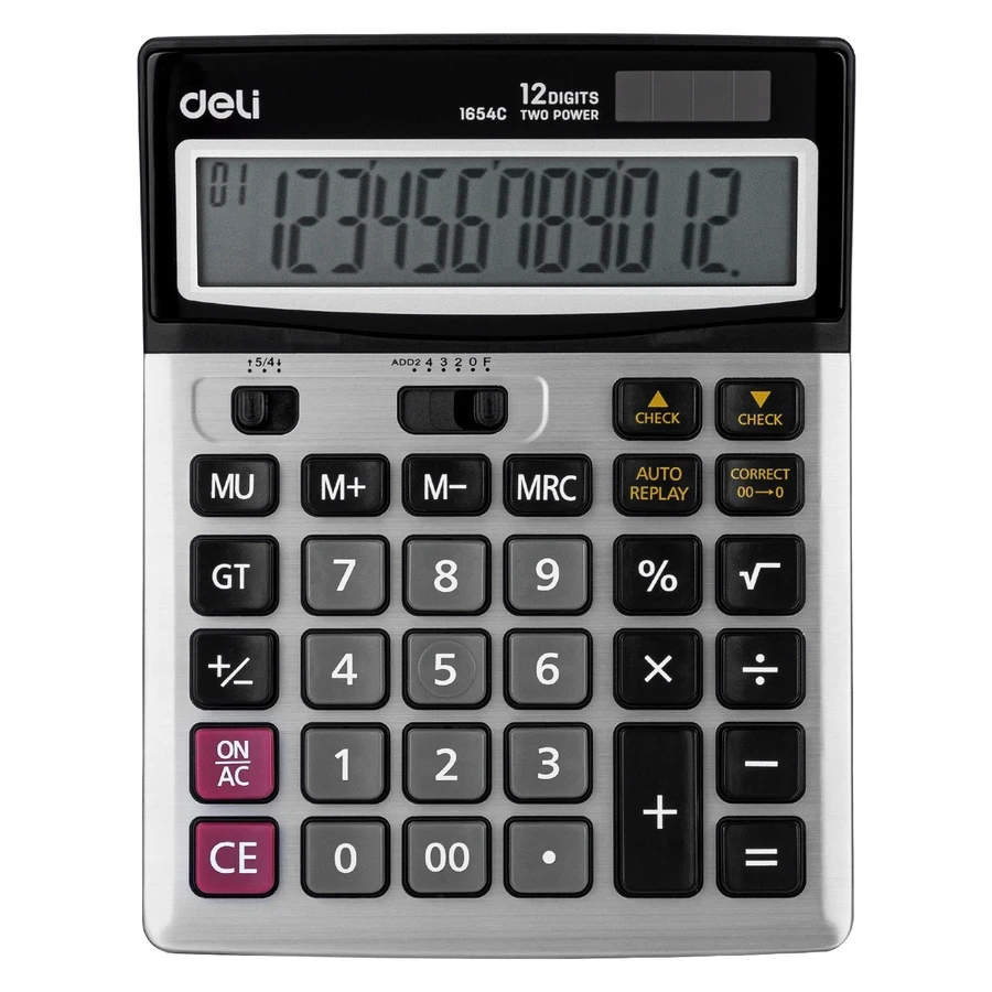 Deli 12-Digit Professional Desktop Calculator | Full Metal Body, Dual Power (Dual Force), Big Angled LCD Screen (Silver) | E1654C
