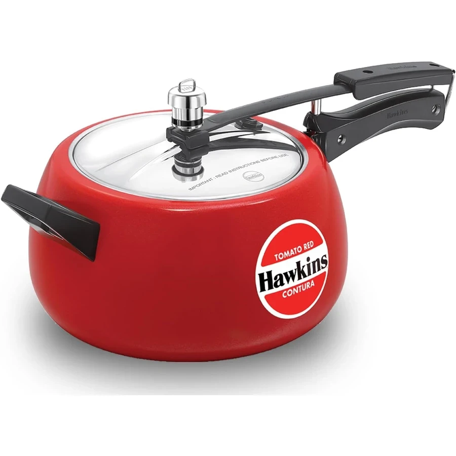Hawkins CTR50 5L Contura Pressure Cooker | Tomato Red Ceramic Coating | Scratch & Stain Resistant | Black Base | Red