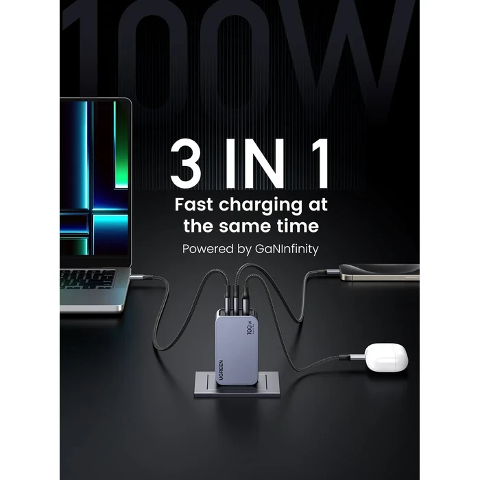 UGREEN Nexode Pro 100W 3-Port GaN Fast Charger | 2x USB-C & 1x USB-A PD 3.0 / PPS Ultra-Slim High-Speed Power Adapter (US Plug) | Nexode Pro Series