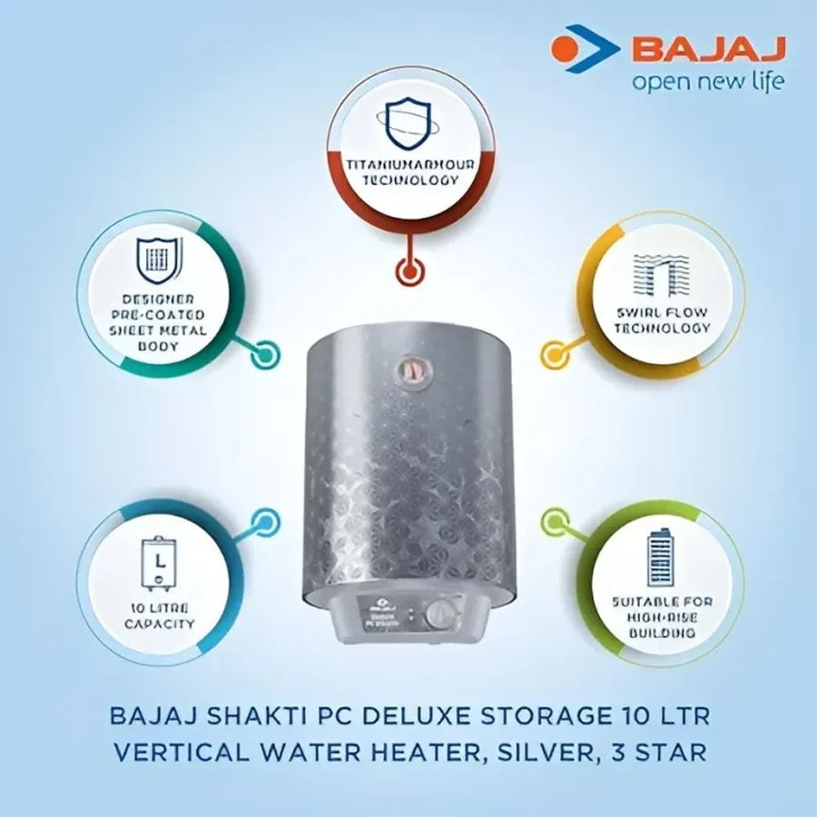 Bajaj Shakti PC Deluxe Storage Geyser | 10L, 15L & 25L | Titanium Armour Technology | 8 Bar Pressure | Swirl Flow