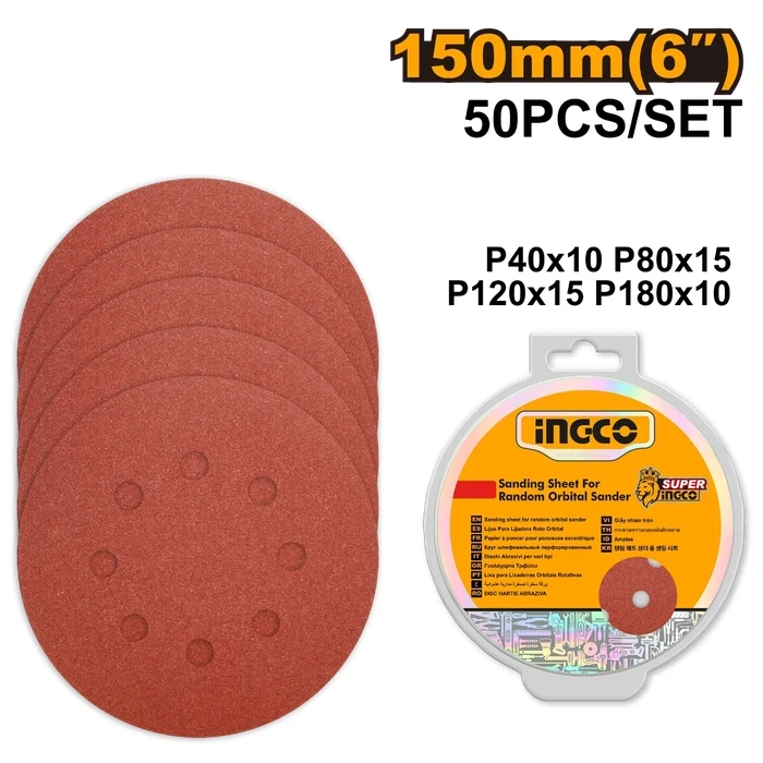 INGCO 50-Piece 150mm Random Orbital Sander Sanding Sheets Set | Mixed Grit Bulk Pack P40, P80, P120 & P180 for Grinding Wood, Wall, Paint, Plastic, Stone, Metal, and Glass | AKRS1500511