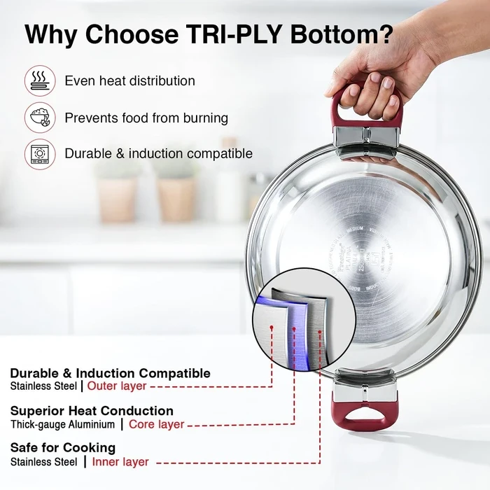 Prestige Platina Popular Stainless Steel Induction Base Kadai with Tempered Glass Lid (26 CM / 3.8L & 28 CM / 4.6L) | Gas & Induction Compatible - Model 36887 / 36888
