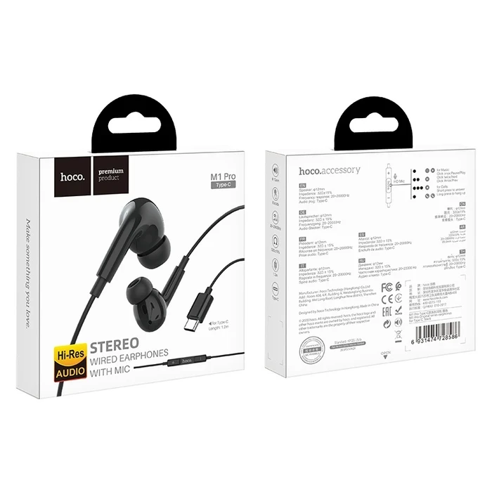 HOCO Original Series Wired Type-C Earphone with Mic | 12mm Driver | TPE High Elastic Cable | Black, White Finish | M1 Pro