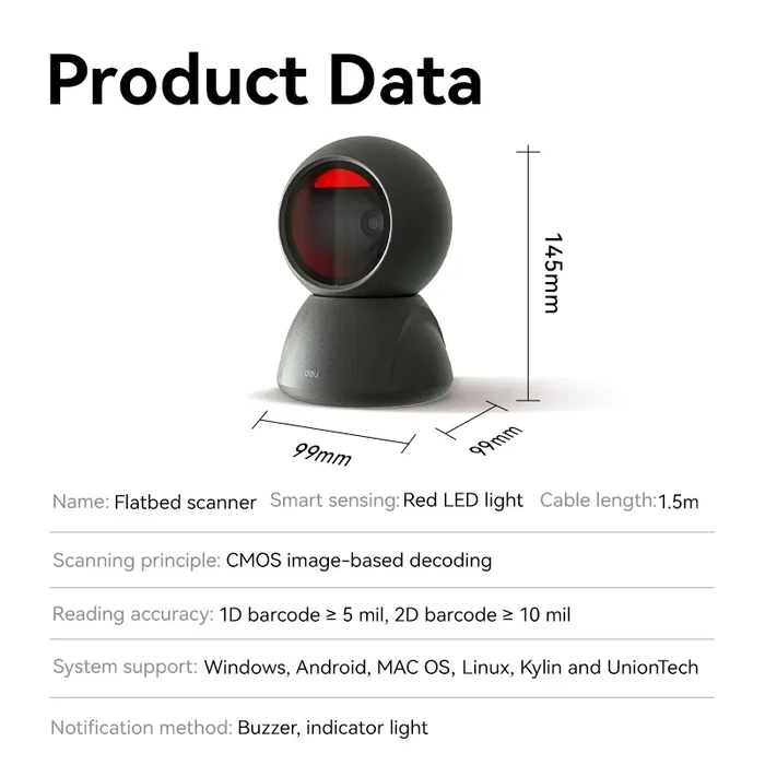 DELI Hands-Free Desktop 1D & 2D Barcode Scanner | CMOS Omnidirectional Mobile Screen & Paper USB POS Reader | ES238