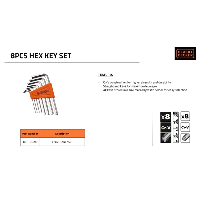 BLACK+DECKER 8-Piece Metric Alloy Steel L-Shaped Hex Key Set (1.5mm - 6mm) | Polished High-Torque Allen Key Ring with Organizer | BDHT81593