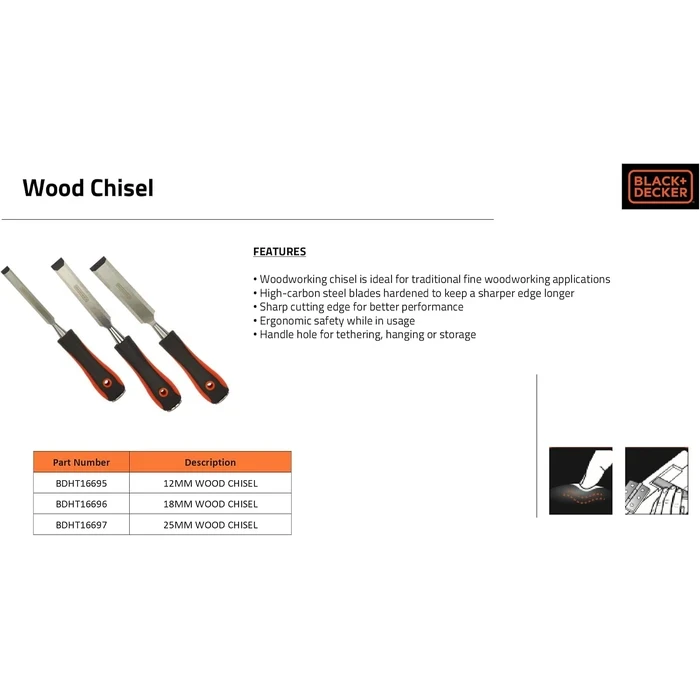 BLACK+DECKER 3-Piece High-Carbon Steel Bevel-Edge Wood Chisel Set (12mm, 18mm, 25mm) | Wooden Handle Joinery & Mortising Carpentry Kit | BDHT16695 / BDHT16696 / BDHT16697