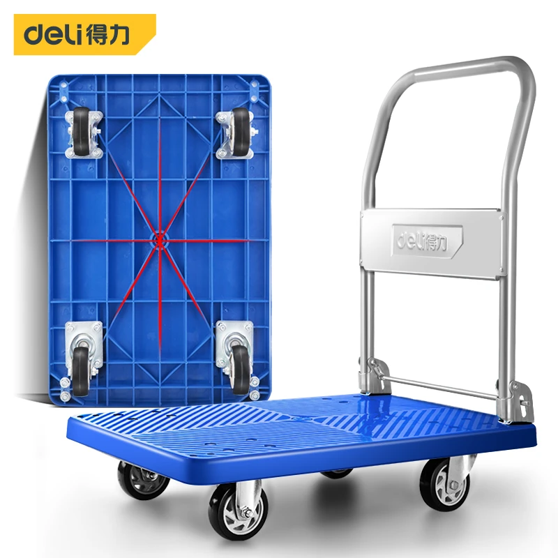 Deli 47cm x 73cm (150kg Capacity) Heavy-Duty Foldable Platform Flatbed Cart | Reinforced PP Deck with Silent TPR Swivel Casters & Folding Handle | DL6111