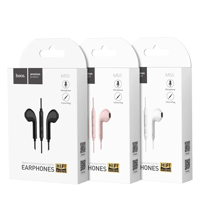 HOCO Memory Sound Wire Control Earphone with Mic | 14.2mm Driver | Volume Control | Black, White, Pink Finish | M55
