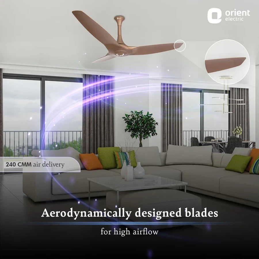 Orient Aeroquiet 1200mm (1230mm) Ultra-Quiet High-Airflow Ceiling Fan | 240 CMM Air Delivery Aerodynamic 3-Blade Modern Ceiling Fan in Caramel Brown & White  | Aeroquiet