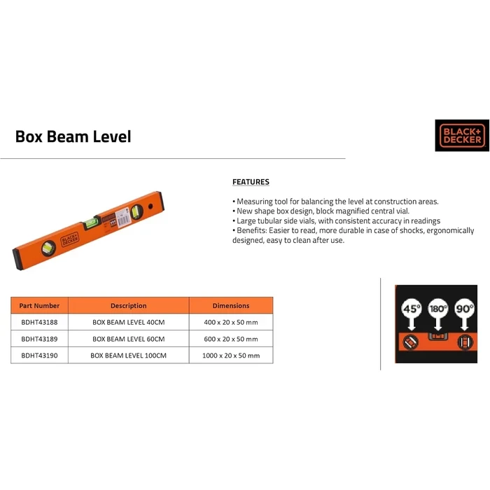 BLACK+DECKER Heavy-Duty Aluminium Box Beam Spirit Level Set (400mm, 600mm, 1000mm) | High-Visibility Magnified Block & Plumb Vials | BDHT43188 / BDHT43189 / BDHT43190