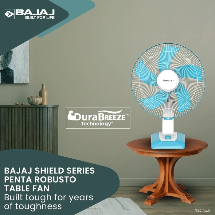 Bajaj Penta Robusto 400MM 5-Blade Pedestal Fan | DuraBreeze 100% Copper Motor 75 CMM SurgeProtekt 4kV Rust-Free Body Icy Blue & White 252111