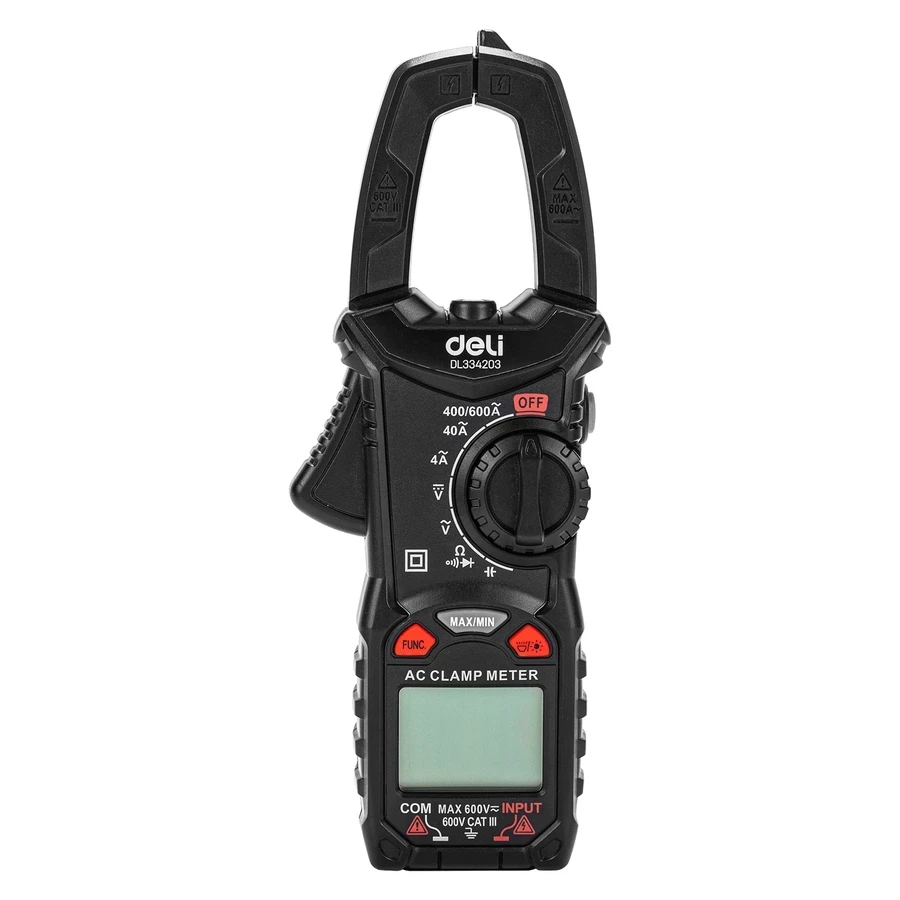 Deli Digital Clamp Multimeter CAT III 600V Auto Ranging 25mm Jaw Clamp for AC/DC Voltage, AC Current & Resistance with Backlight & Data Hold (Red) | EDL334203