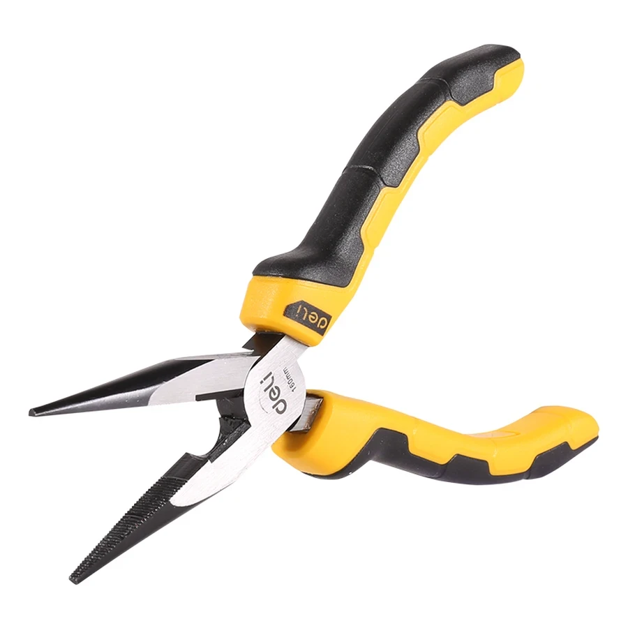 Deli 6" Professional Forged 55# Carbon Steel Long Nose Pliers | Heavy-Duty 54-62 HRC Cutting Edge Precision Needle Nose Tool with Dual-Color Grip | EDL2106 (Yellow/Black)