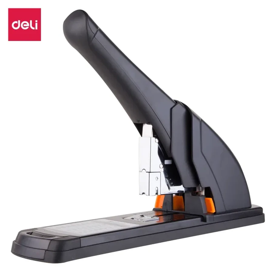 Deli Effortless 120-Sheet Heavy-Duty Desktop Stapler | TPE Comfort Grip, Quick Jam Clearing & Precision Margin Guide (Black) | E0386