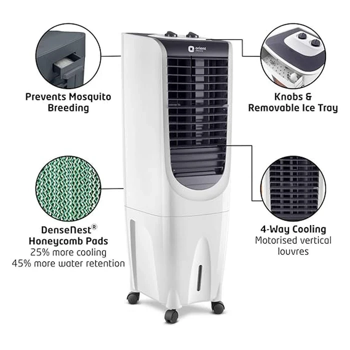 Orient Ultimo Tower 26 Slim Space-Saving Air Cooler | 26 Ltr Tank Capacity with Mechanical Speed Control Dial | DenseNest Honeycomb Cooling with Auto-Fill, Mosquito Net & 160 Watt Energy-Saving Motor