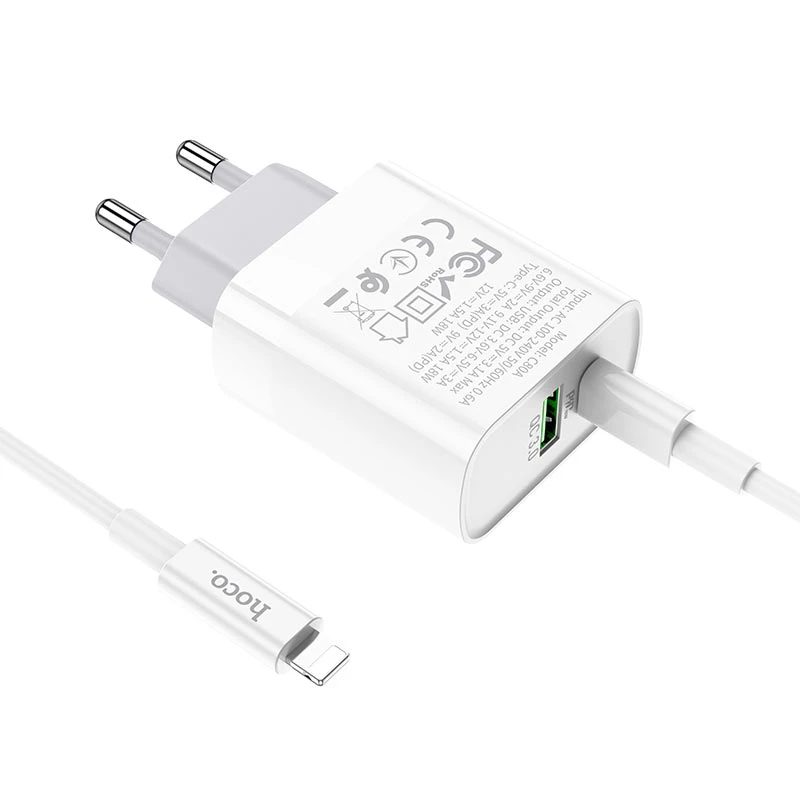 HOCO Plus Rapido Fast Charger Set | PD 20W + QC 18W Dual Output Matrix | Type-C to Lightning Logic | White | C80Aput Matrix | Type-C to Lightning Logic | White C80A