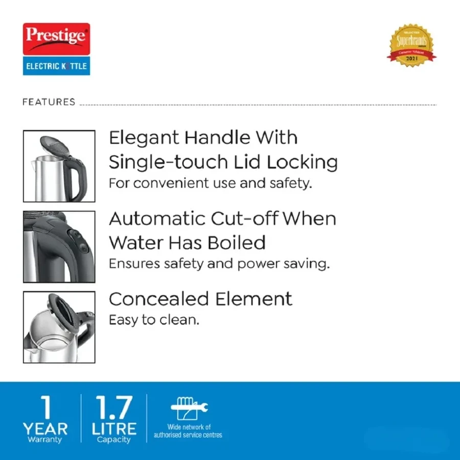 Prestige PKLSS 1.7 1500W Stainless Steel Electric Kettle | 1.7 Litre Rapid Boil with Automatic Cut-off & Ergonomic Handle - Model 41881