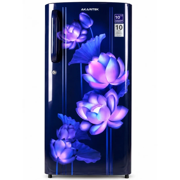 Akaritek 200L Single Door Refrigerator (A++ Energy Saving, R600a) | Toughened Glass Shelves & Anti-Bacterial Gasket Floral Fridge in Red & Blue | AKDS200 Series