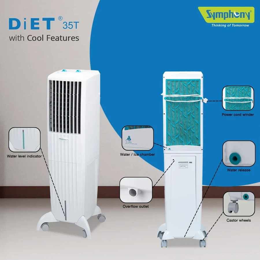 Symphony Diet 35T Tower Air Cooler | 35L Tank | High-Efficiency Honeycomb Pads | 165W Energy Saving