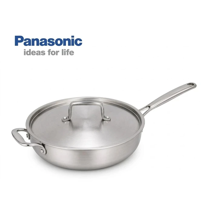 Panasonic 26cm 2.3L Triply Stainless Steel Induction Base Frypan with Stainless Steel Lid | Fast Uniform Heating Multi-Cooktop Compatible - ND-FL26SW