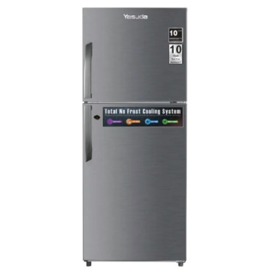 Yasuda 230L Double Door Refrigerator | Frost Free Cooling with Adjustable Temperature Control | Toughened Glass Shelves & Fully Transparent Interiors | Dust-Proof Clean Back Design | Inox | YHDC230DS