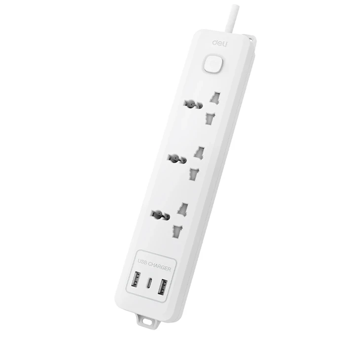 DELI 3-Outlet Universal Power Strip | 2500W 10A 2-Meter Extension Cord Dual USB-A & Type-C Charging Hub | ET708H