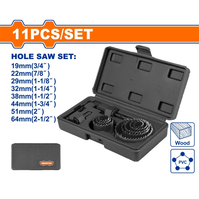 Wadfow 11 Pcs Carbon Steel Hole Saw Set | Heavy-Duty 19mm to 64mm Multi-Diameter Wood Boring Cup Cutters with 2 Arbors & Hex Wrench | WKJ4411