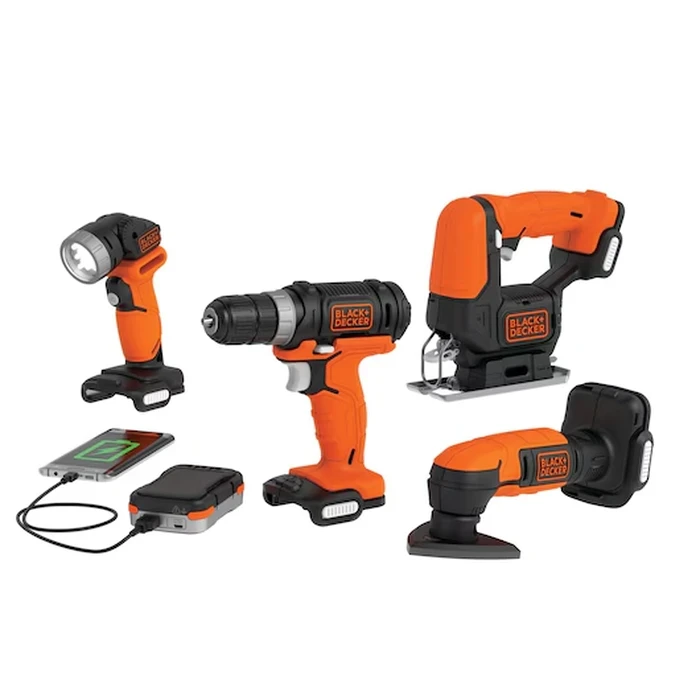 BLACK+DECKER 12V GoPak 4-Tool Cordless Combo Kit (Drill, Jigsaw, Sander, LED Light) with 2-in-1 USB Power Bank Battery | BDCK502C1-B5