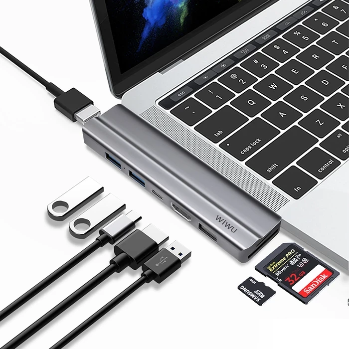 WIWU Alpha 8-in-1 USB-C Hub | Dual HDMI & Thunderbolt-3 5K Matrix | SD/TF Card Reader Logic | Grey | Alpha 521H