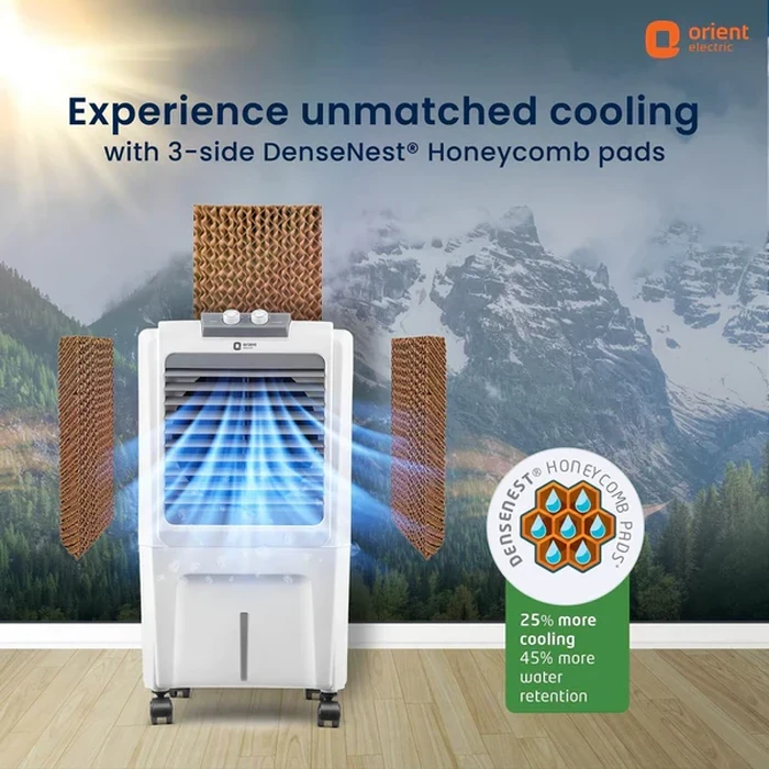 Orient Aerocool 40L Personal Air Cooler | 140W High-Speed 2-Pole Motor 12-Inch Fan | 2100 Cu.m./hr Air Delivery DenseNest Honeycomb Pads | CP4001H