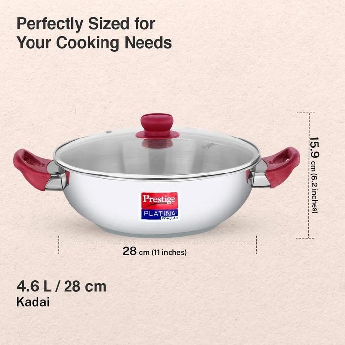 Prestige Platina Popular Stainless Steel Induction Base Kadai with Tempered Glass Lid (26 CM / 3.8L & 28 CM / 4.6L) | Gas & Induction Compatible - Model 36887 / 36888