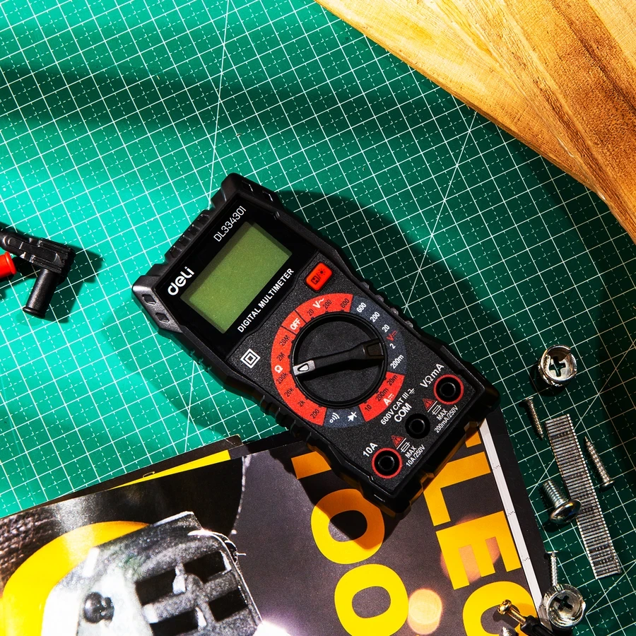 Deli Digital Multimeter CAT III 600V Manual Ranging 3 1/2 Digit Display for AC/DC Voltage, DC Current & Resistance with LCD Backlight (Red) | EDL334301