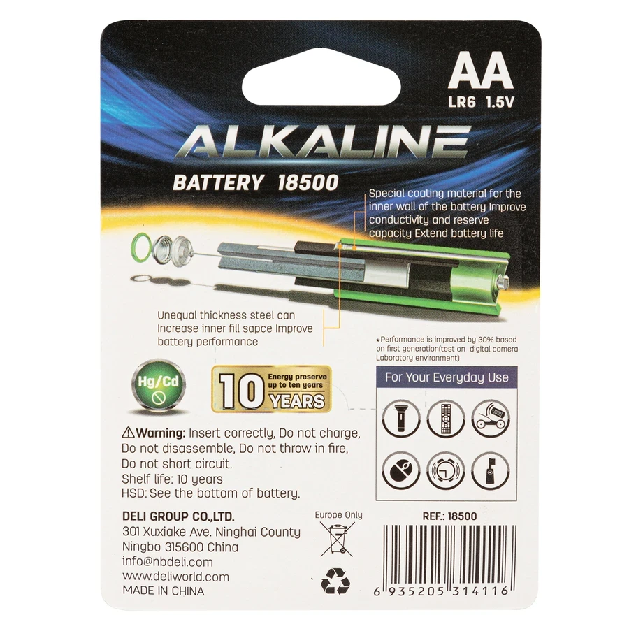 Deli AA LR6 1.5V Long-Lasting Alkaline Battery (2-Pack) | 10-Year Shelf Life & Anti-Leak Power for Remote Controls, Clocks & Toys | E18500