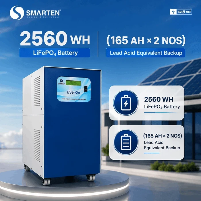 Smarten EverOn 2500VA 25.6V Pure Sine Wave Wall-Mount Home UPS with Inbuilt 100Ah (2.56 kWh) LiFePO4 Lithium Battery & MPPT Fast Charger | EverOn 2500