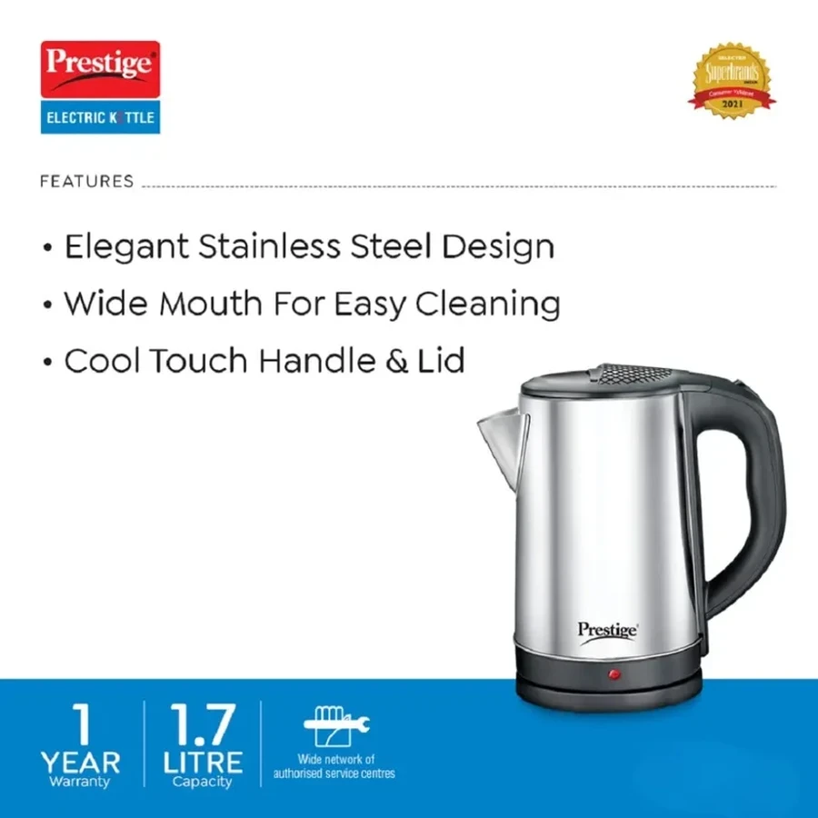 Prestige PKLSS 1.7 1500W Stainless Steel Electric Kettle | 1.7 Litre Rapid Boil with Automatic Cut-off & Ergonomic Handle - Model 41881