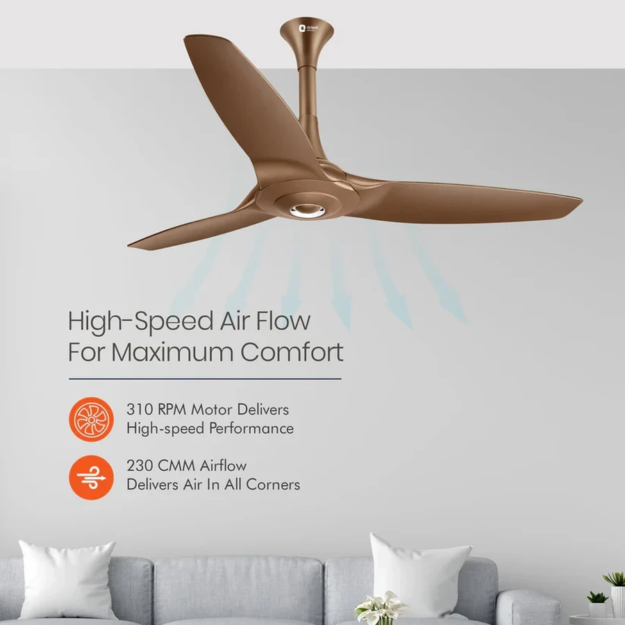 Orient Aeroquiet 1200mm (1230mm) Ultra-Quiet High-Airflow Ceiling Fan | 240 CMM Air Delivery Aerodynamic 3-Blade Modern Ceiling Fan in Caramel Brown & White  | Aeroquiet