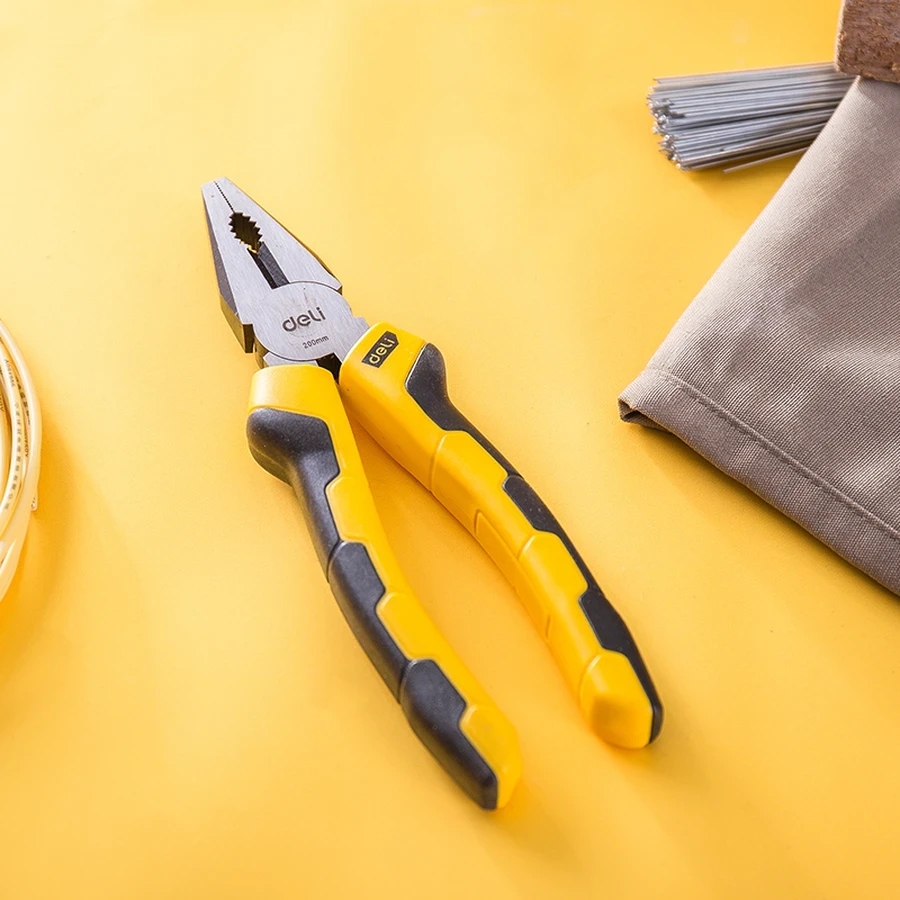 Deli 8" Professional Forged 55# Carbon Steel Combination Pliers | Heavy-Duty 54-62 HRC Cutting Edge Lineman's Pliers with Dual-Color PVC Grip | EDL2008 (Yellow/Black)