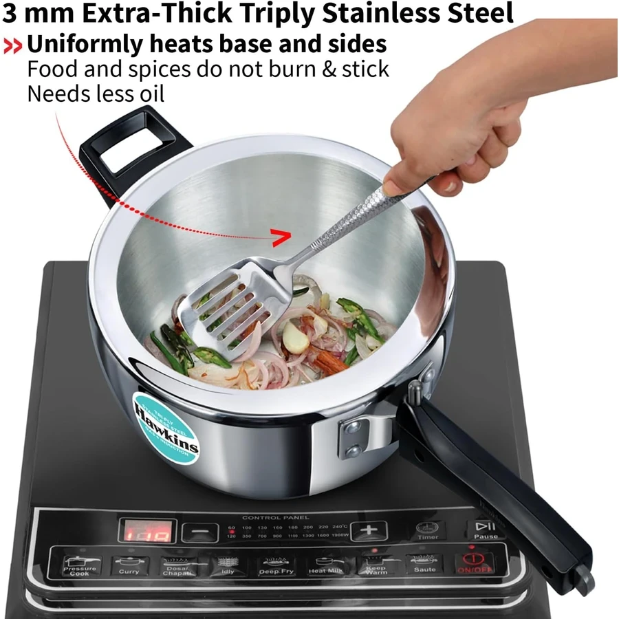Hawkins HSST35 3.5L Tri-Ply Stainless Steel Pressure Cooker | 3mm Extra Thick | Induction Compatible | Wide Mouth | Silver