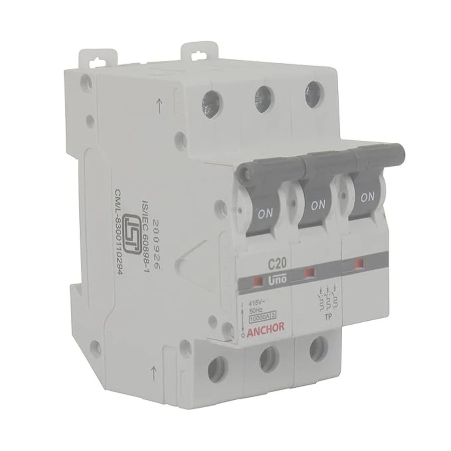 Anchor UNO TP MCB 20A 'C' Curve 98028 - Three Pole, Low Current Capacity, Wall Mount Standard Circuit Breaker