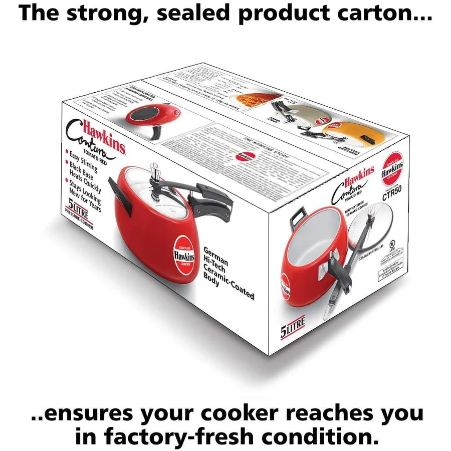 Hawkins CTR50 5L Contura Pressure Cooker | Tomato Red Ceramic Coating | Scratch & Stain Resistant | Black Base | Red